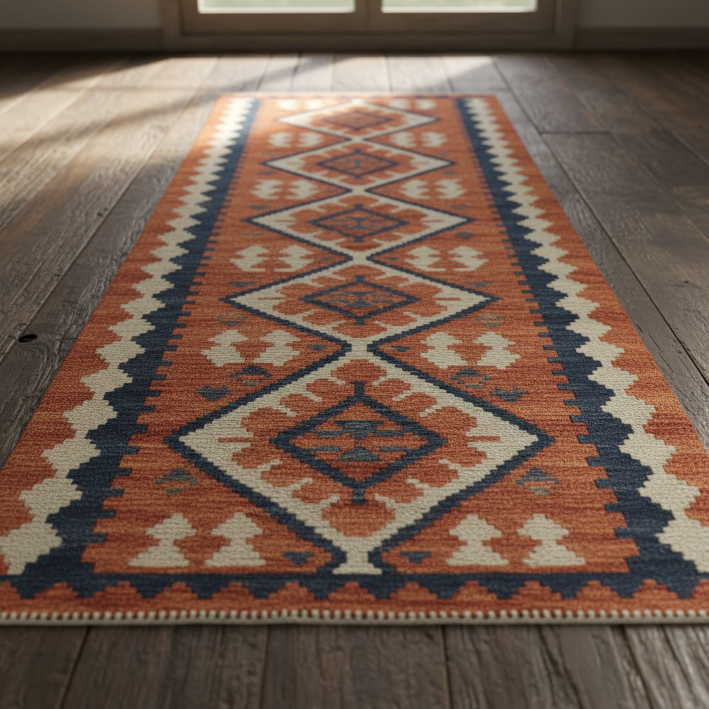 Hand-woven kilim runner with traditional geometric pattern in terracotta, navy and ivory