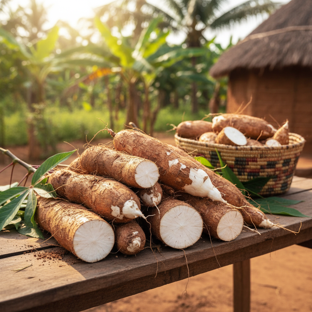 Pile of raw cassava roots freshly harvested, the base ingredient for gari and kokonte flour