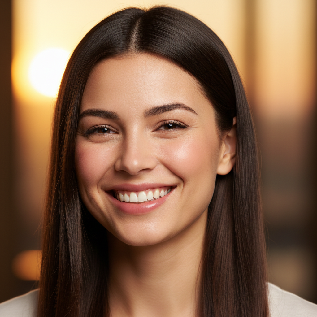 Woman with dark hair smiling warmly, bright airy background, casual setting