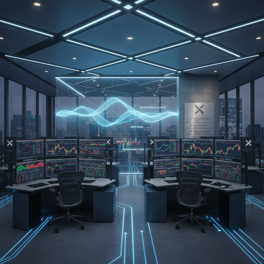 Bright modern trading floor with multiple screens displaying charts, well-lit open office, clean glass walls