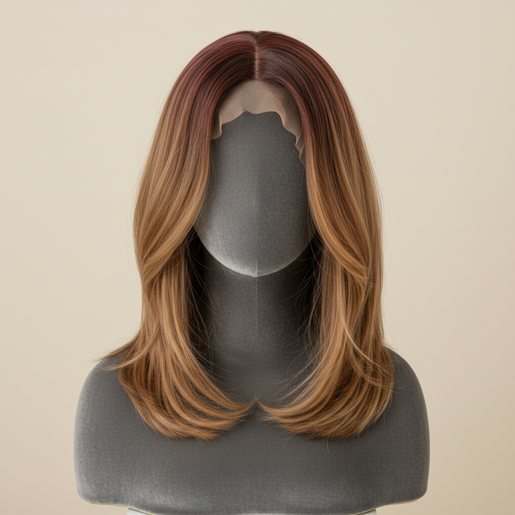 Long bob blended fiber wig styled naturally on velvet display stand
