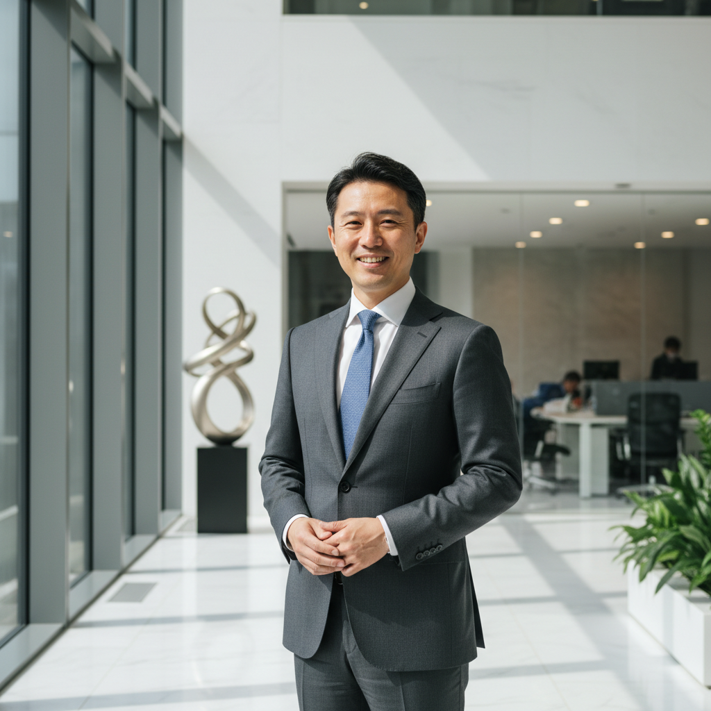 Indian businessman in gray suit with warm smile standing in corporate office lobby