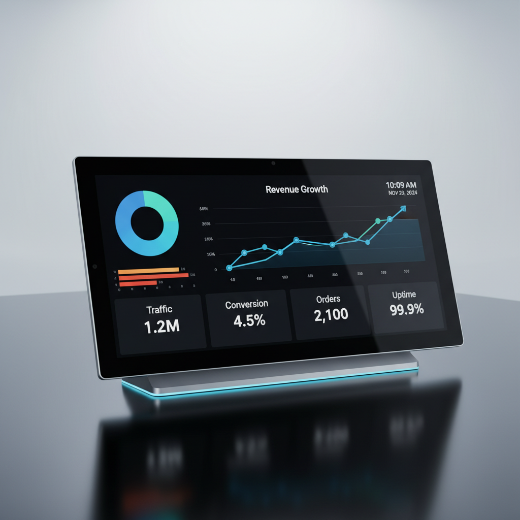 Analytics dashboard with colorful data visualization charts, graphs, and real-time metrics display