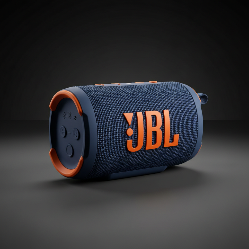 Black JBL Charge 5 portable bluetooth speaker on wooden table