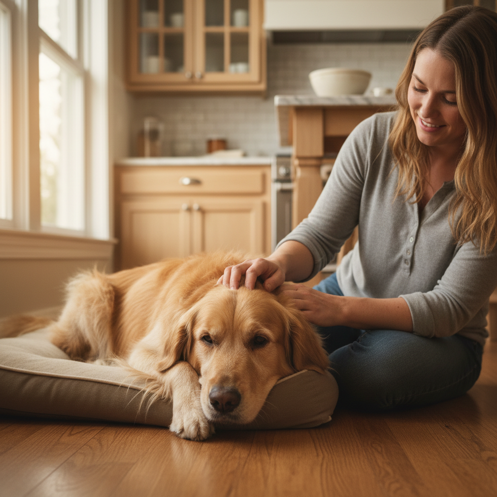 Golden retriever receiving gentle care from a trusted caregiver in a warm home kitchen