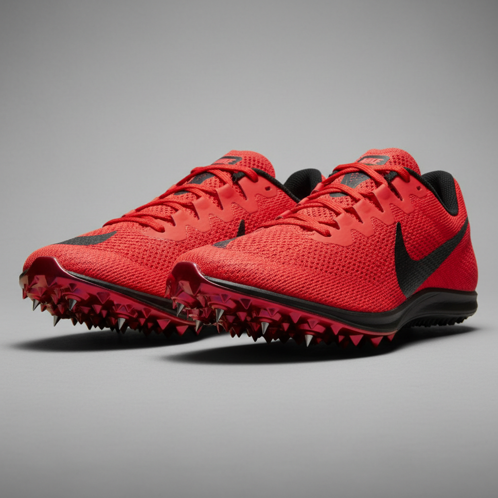 Nike cross-country spike shoes with visible spike plate, red and black colourway