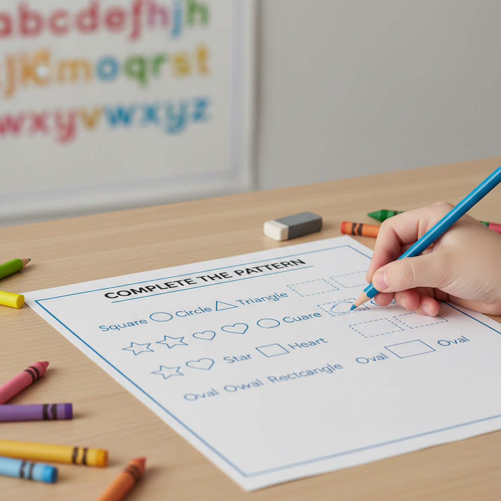 Child smiling while completing a colorful handwriting worksheet at a wooden desk, soft warm light