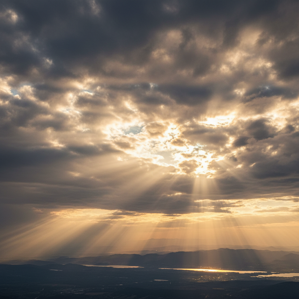 Rays of golden sunlight breaking through clouds over a mountain landscape, peaceful and majestic natural scenery