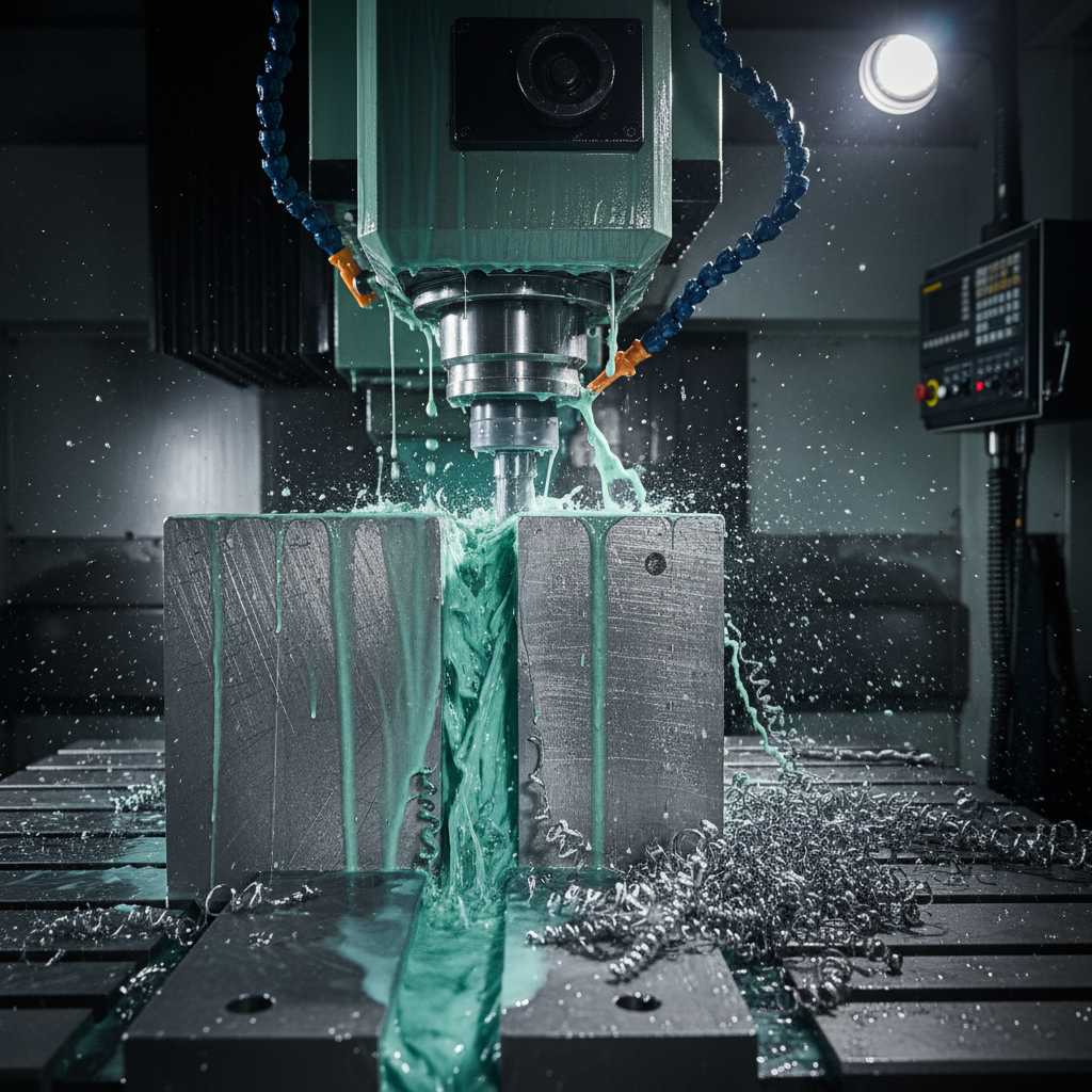 CNC mill cutting Inconel workpiece with coolant flow and chip evacuation visible during high-speed machining