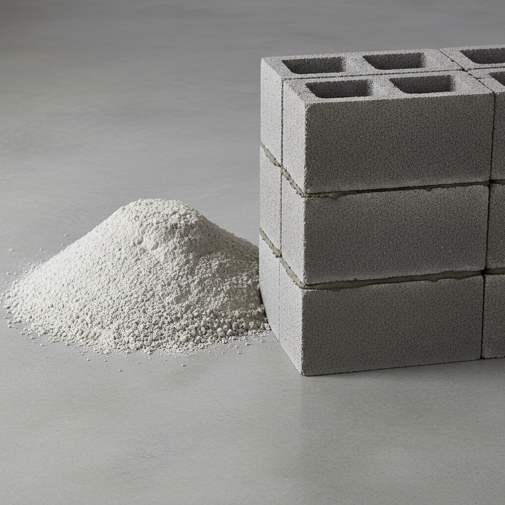 Grey cement clinker aggregate material in a large pile at a cement production facility, dim industrial lighting