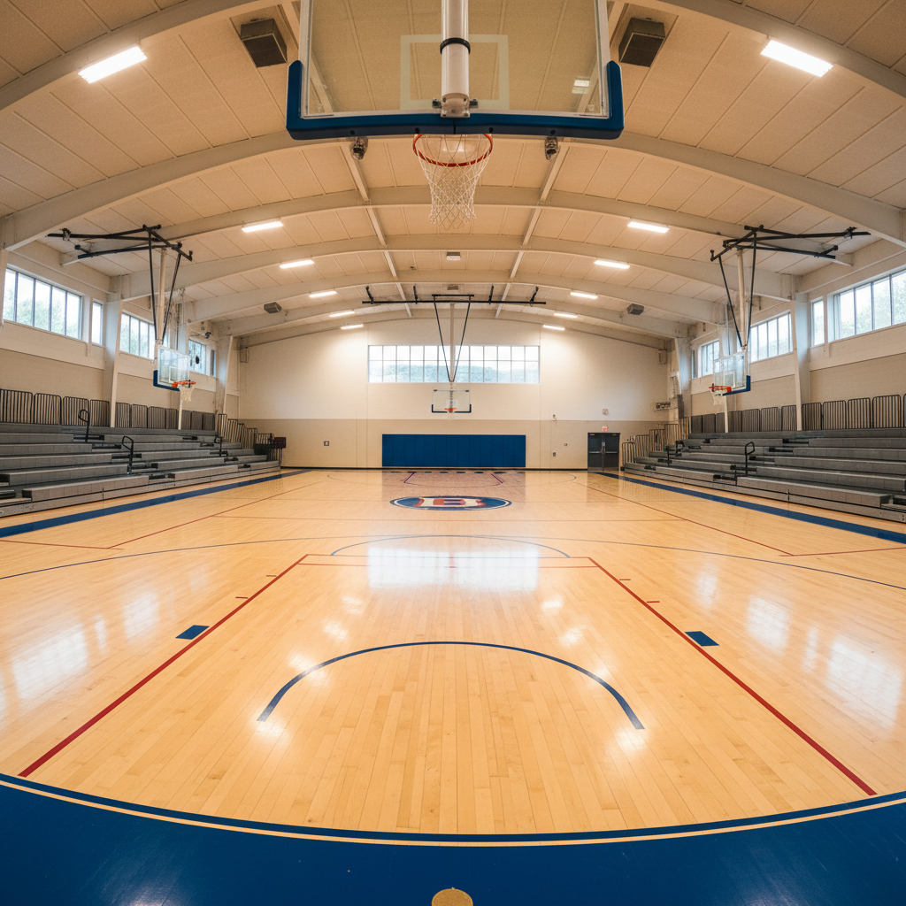 Multi-purpose sports court with colorful floor markings, indoor lighting, high ceiling, empty court