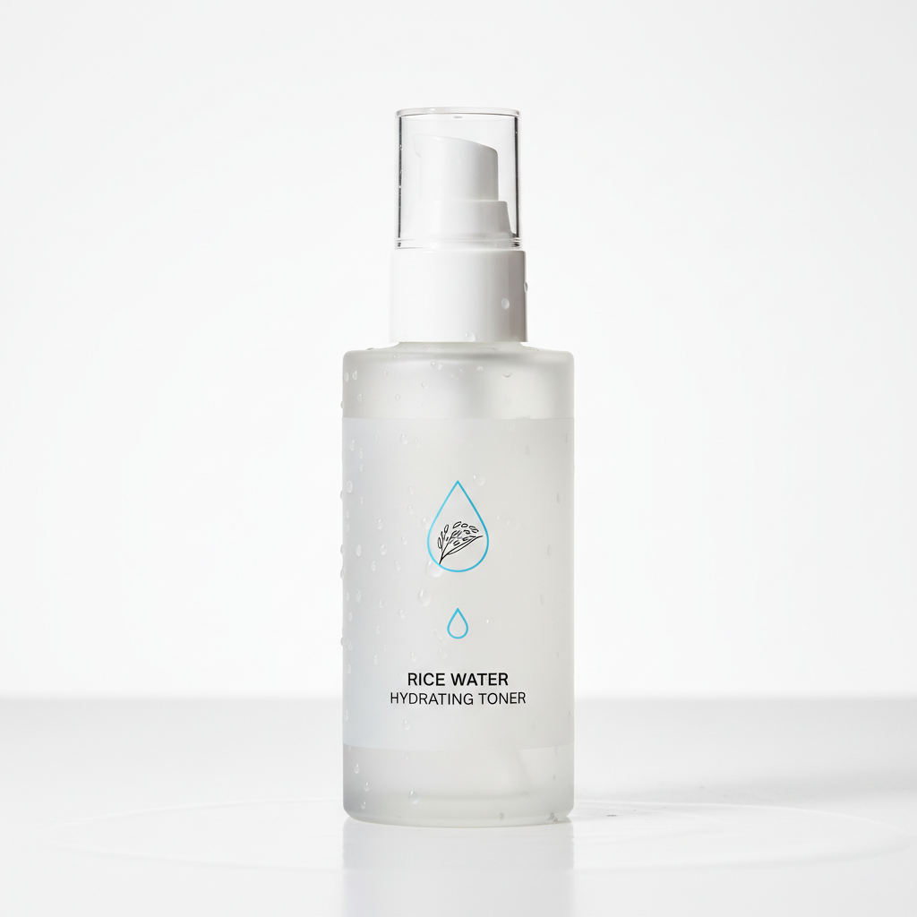 Frosted glass toner bottle with rice water formula, soft white studio background