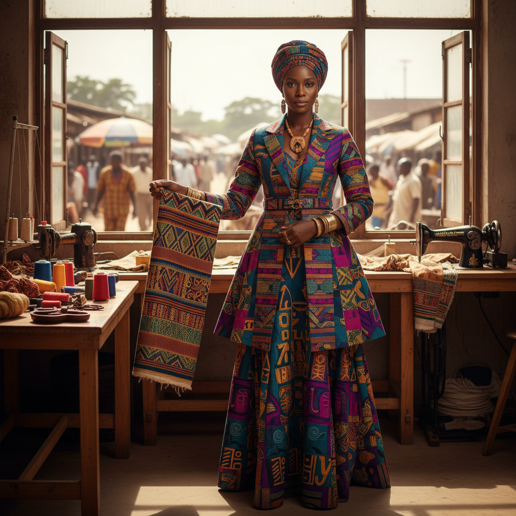 African women in vocational training workshop, bright workshop environment, sewing machines and fabric