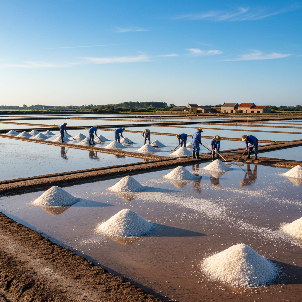Sea salt harvesting in Guérande salt marshes, bright coastal light, white salt crystals