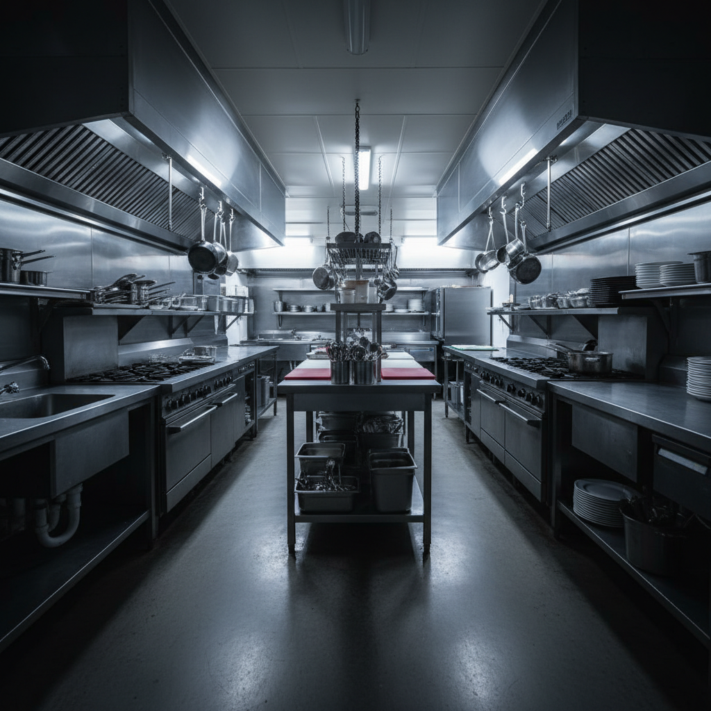 Professional kitchen at night with stainless steel surfaces gleaming under harsh overhead lighting