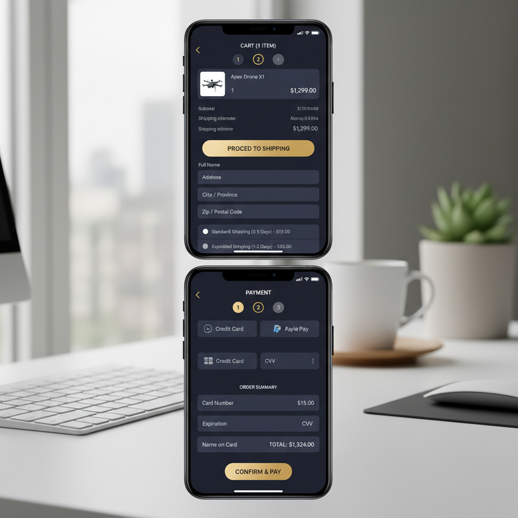 Apex Collective mobile checkout flow โ streamlined 3-step purchase process