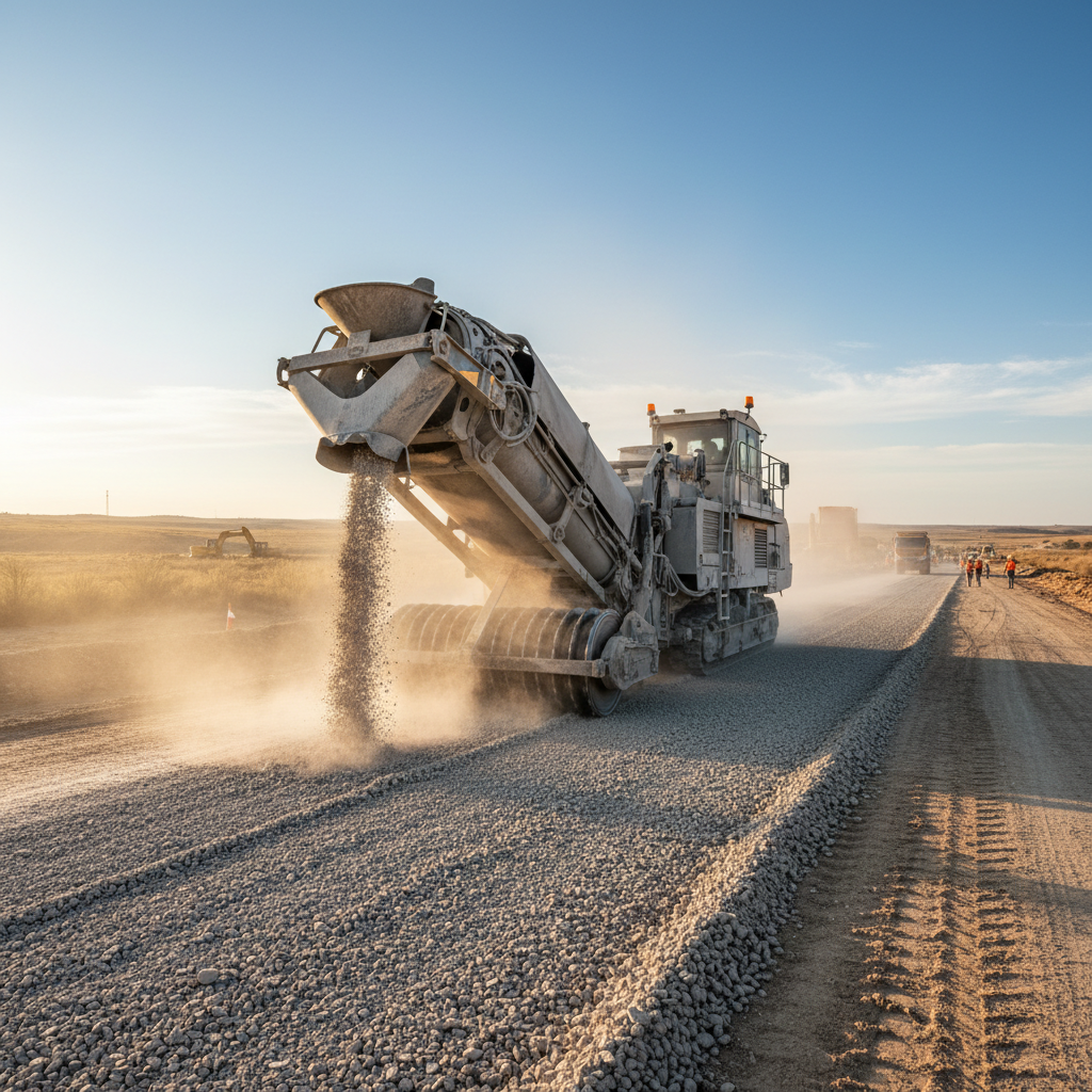 Road base preparation and stabilized material application at a construction site