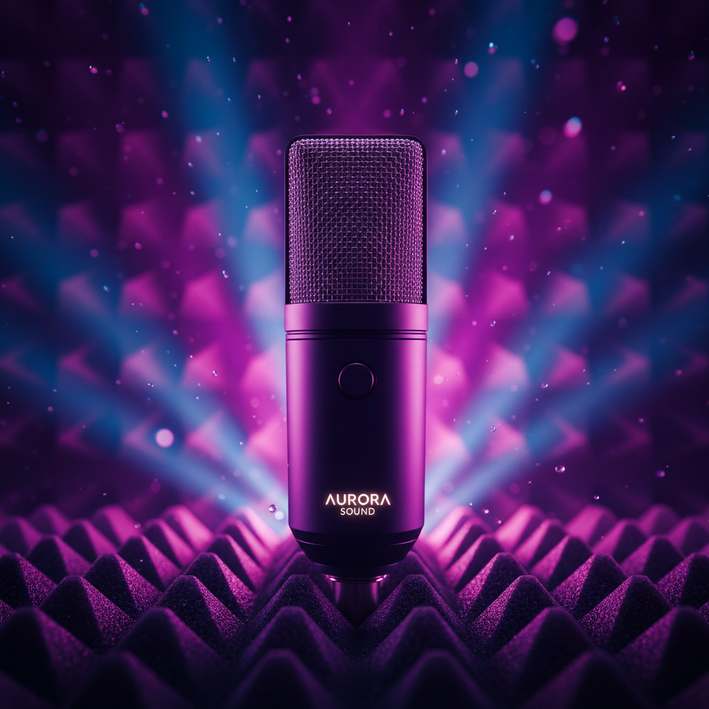 Studio microphone with aurora violet lighting and soft-focus acoustic foam