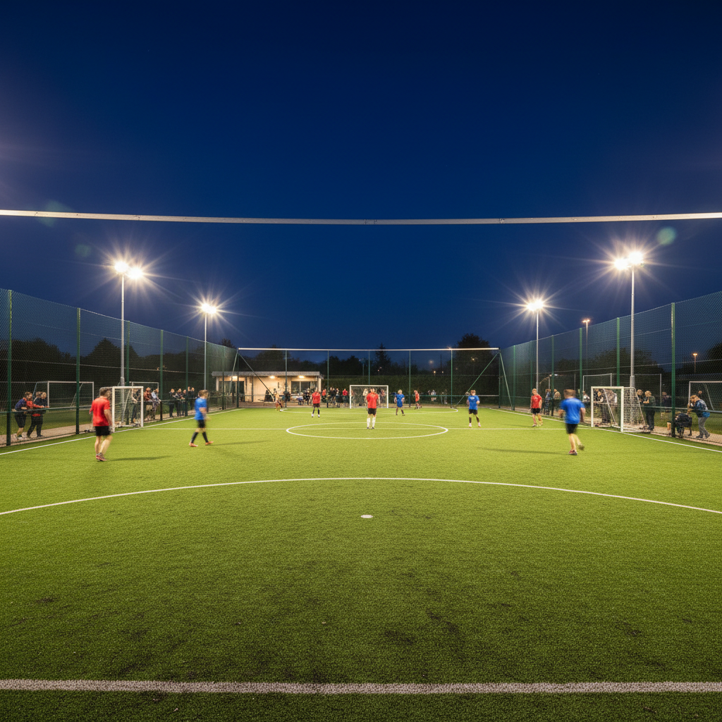 Cancha de fútbol 5 con césped sintético verde y arcos blancos bien iluminada