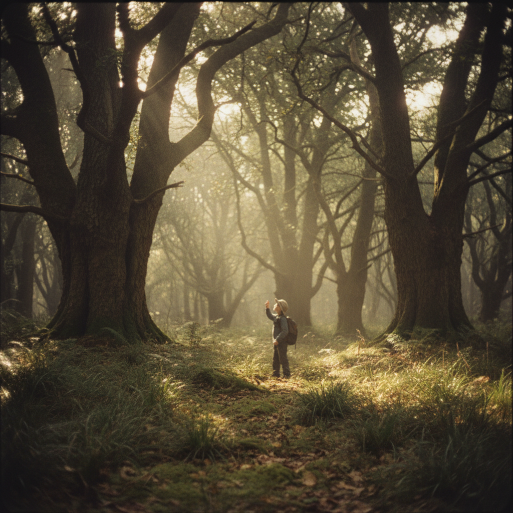 Forest light streaming through trees, captured with pinhole camera by a 12-year-old camper