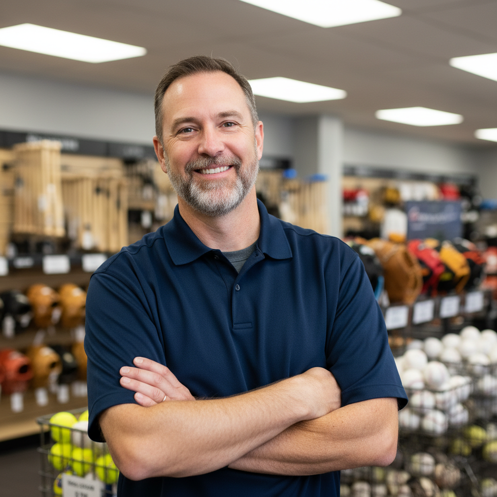 Friendly middle-aged man in navy polo shirt smiling in a baseball equipment store
