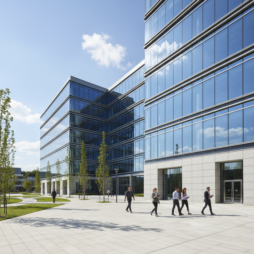 Contemporary corporate building with steel and glass architecture
