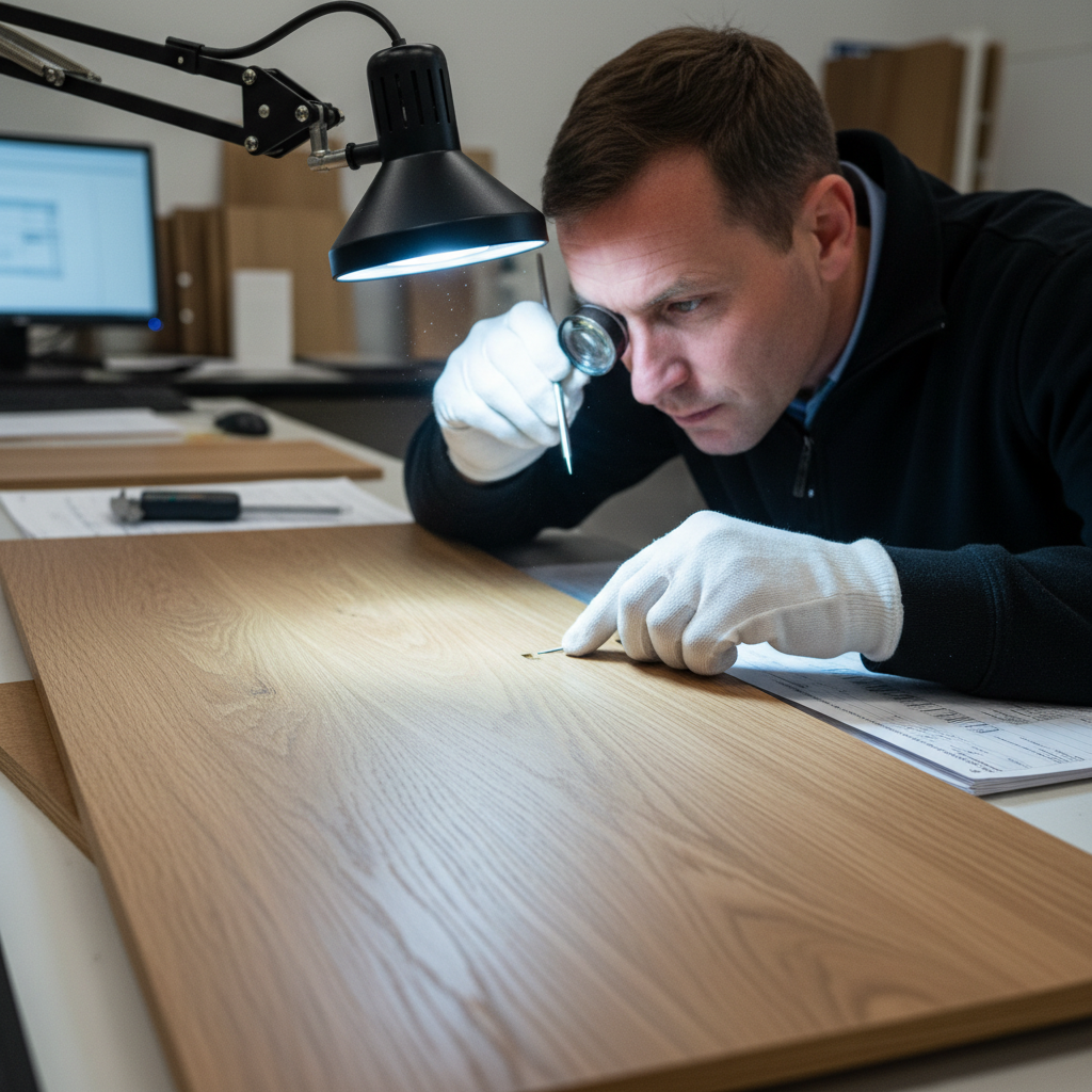 Quality control inspector examining hardwood flooring plank under bright inspection lights