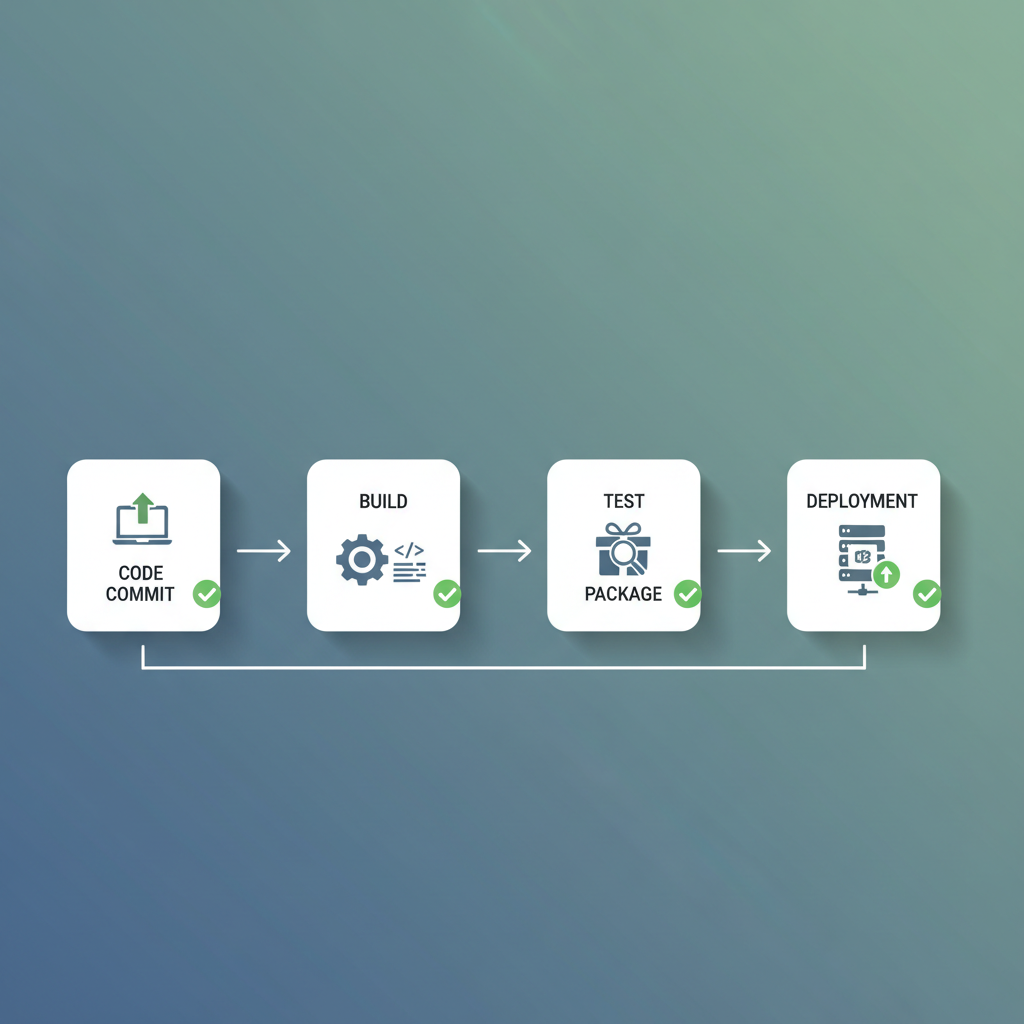 Pantalla de pipeline CI/CD con etapas de build, test y deploy en color verde