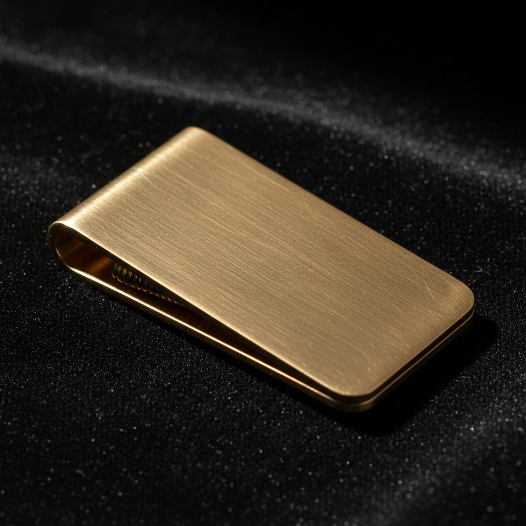 Brushed brass money clip on black velvet surface showing machined finish and spring tension