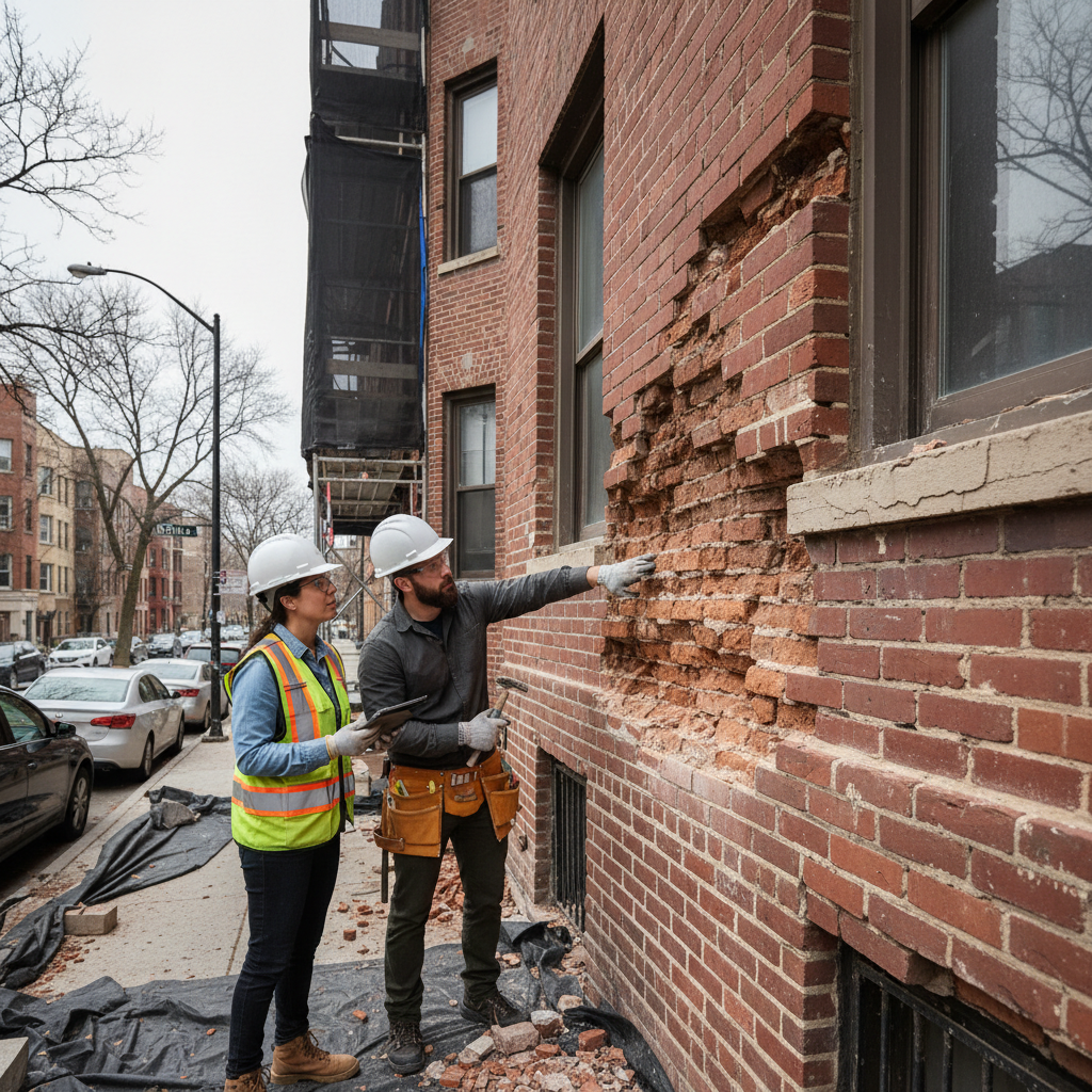 Property manager and mason surveying deteriorated brick facade of 1914 Chicago six-flat apartment building