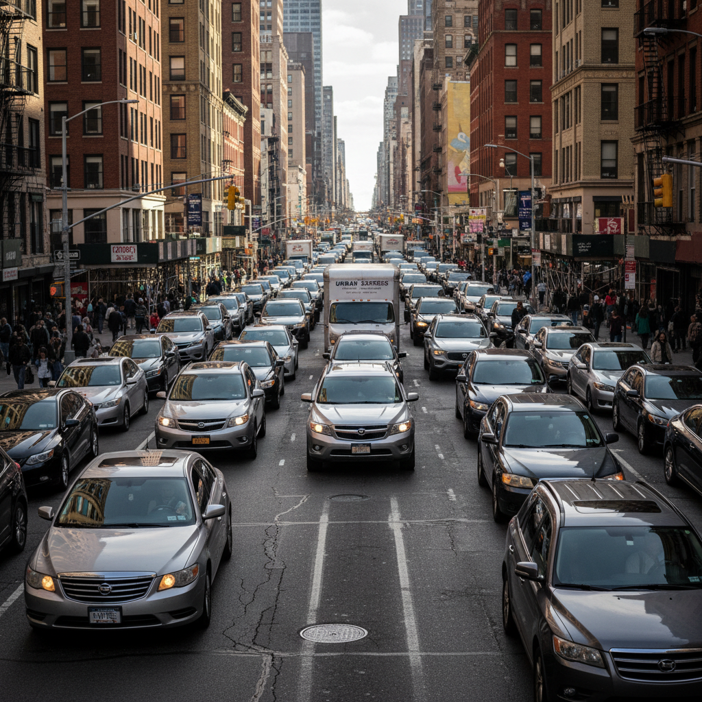 Congested city street with cars searching for parking