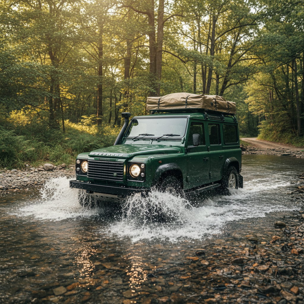 Land Rover Defender with roof tent and snorkel crossing shallow river, water spraying from wading sensor height