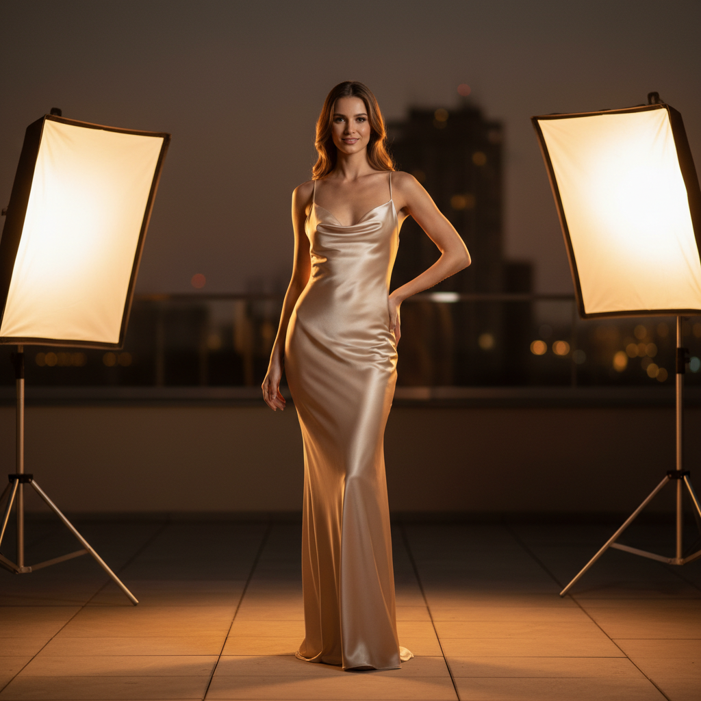 Satin slip dress on model, bright editorial studio