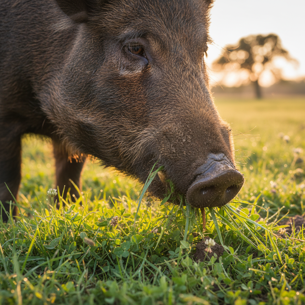 Close-up of heritage hog eating forage in a green field with soft golden light