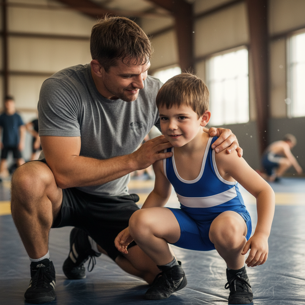 Coach crouching eye-level, hands on young wrestler's shoulders