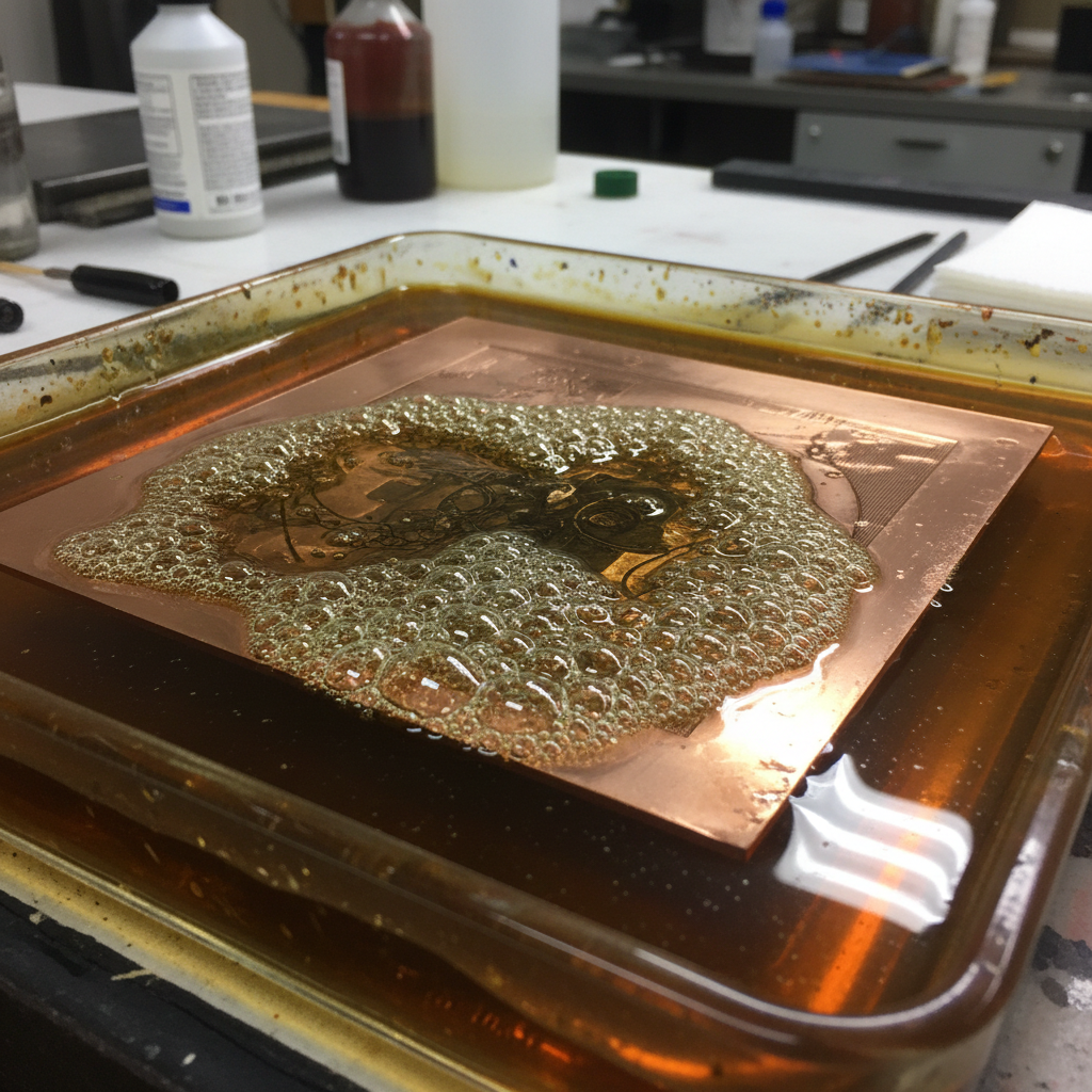 Copper etching plate submerged in ferric chloride acid bath, bubbles rising