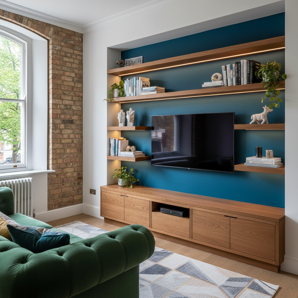 Bespoke alcove media unit with floating shelves in Brixton living room