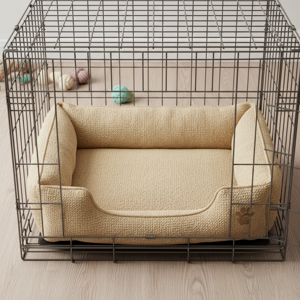 Soft wool dog crate liner in warm oatmeal color inside a wire crate