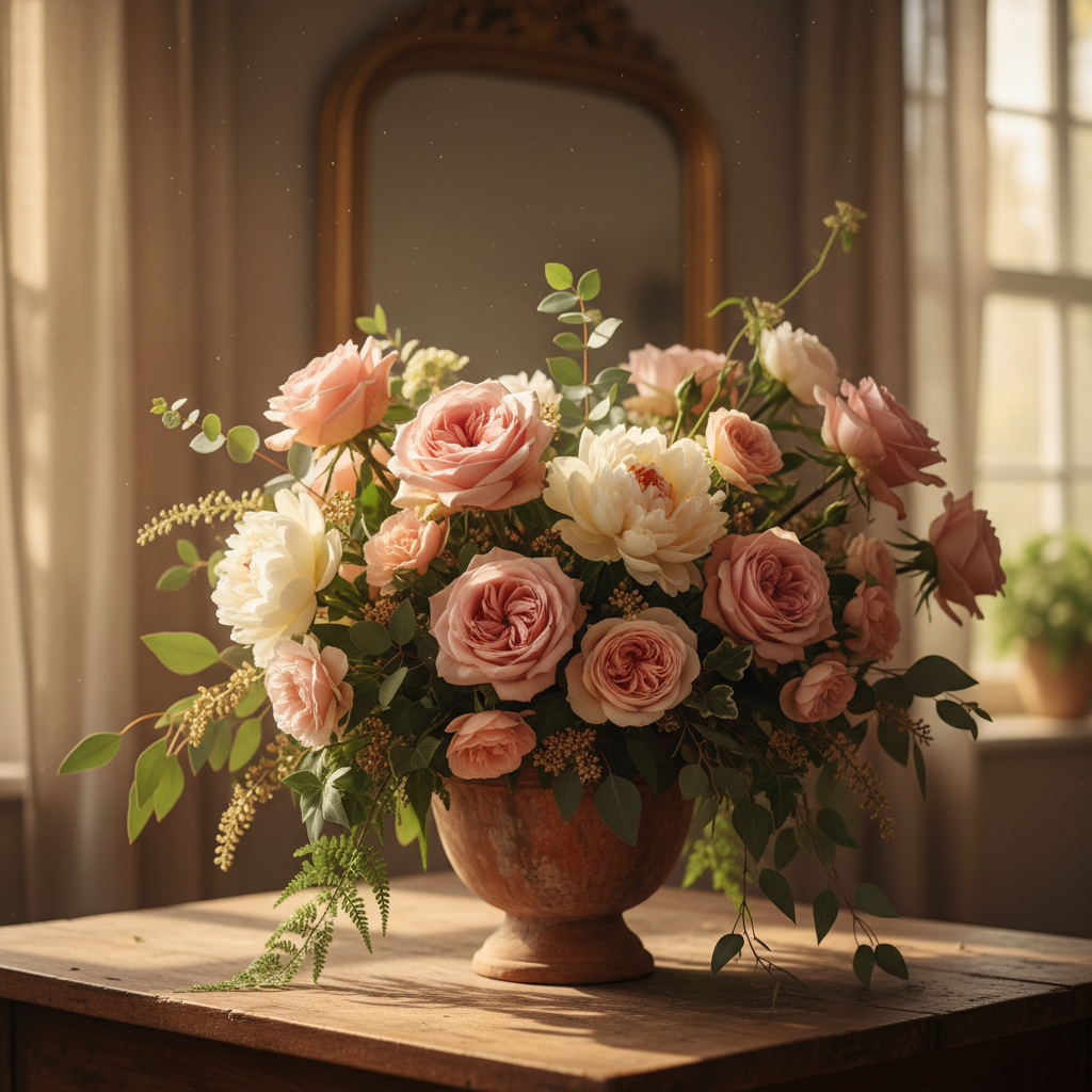 Champagne and cream floral arrangement with peonies and eucalyptus in golden light