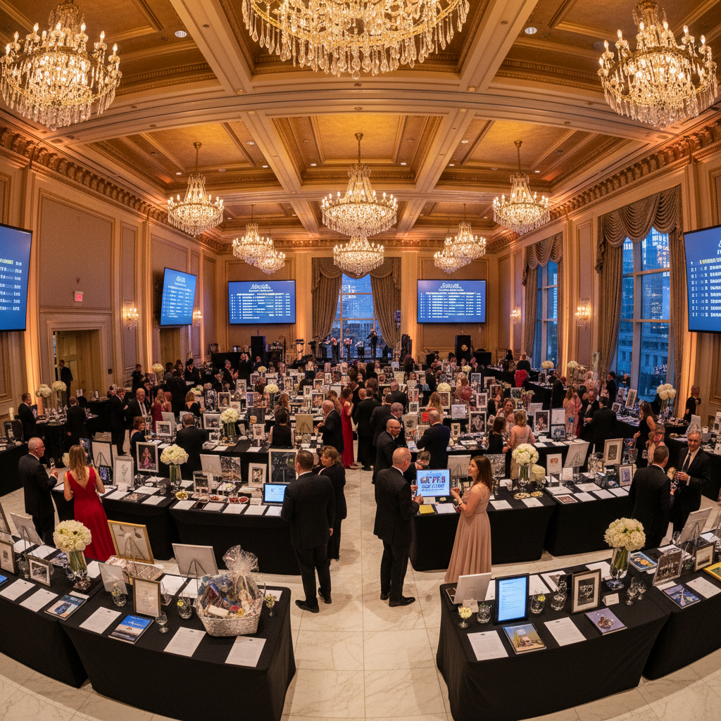 Community fundraising gala with large ballroom, auction tables and formally dressed attendees