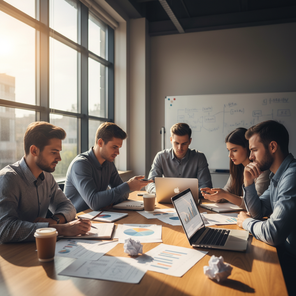 Team of finance professionals collaborating around a conference table with laptops and documents
