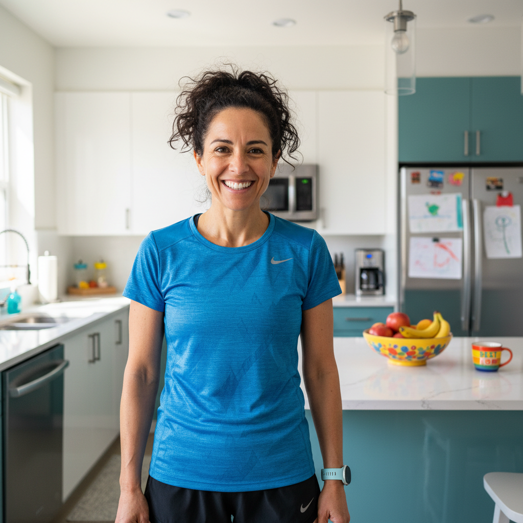 Claire Fontaine, marathon runner and mother, smiling in a bright kitchen setting