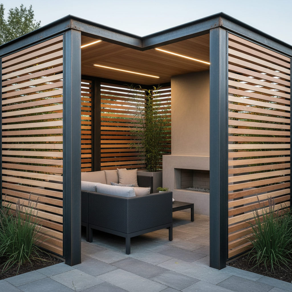 Outdoor privacy screen system with architectural louvered panels creating intimate patio enclosure