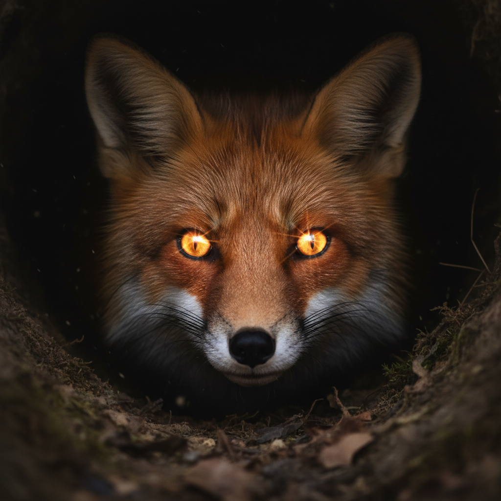 Fox with glowing amber eyes in the dark nocturnal den — the call of the wild