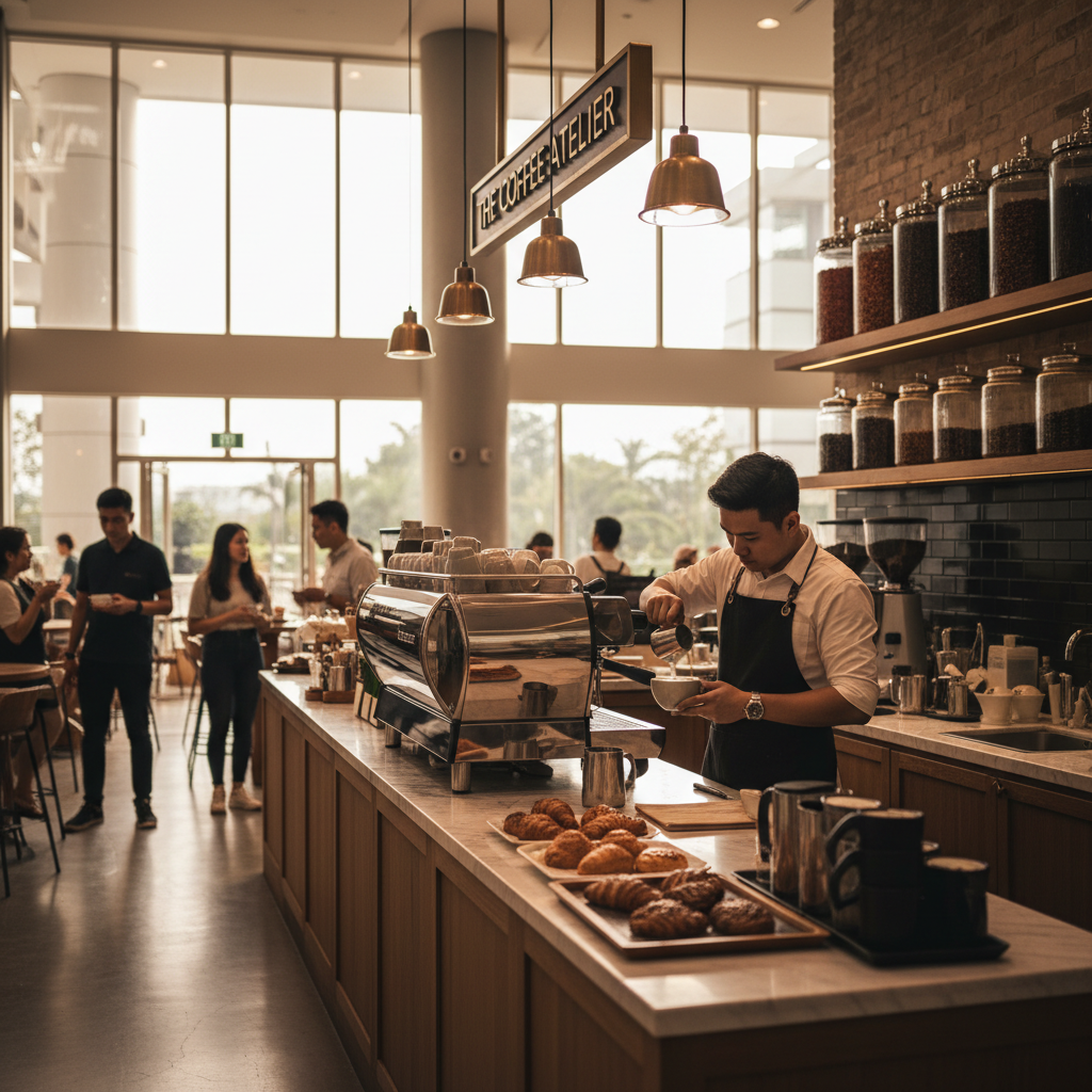 Barista in black apron crafting a latte with precise pour technique in a well-lit café kitchen