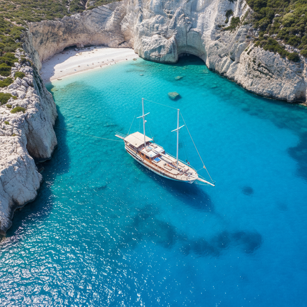 Drone shot of turquoise Aegean cove with traditional wooden gulet sailboat anchored near white limestone cliffs