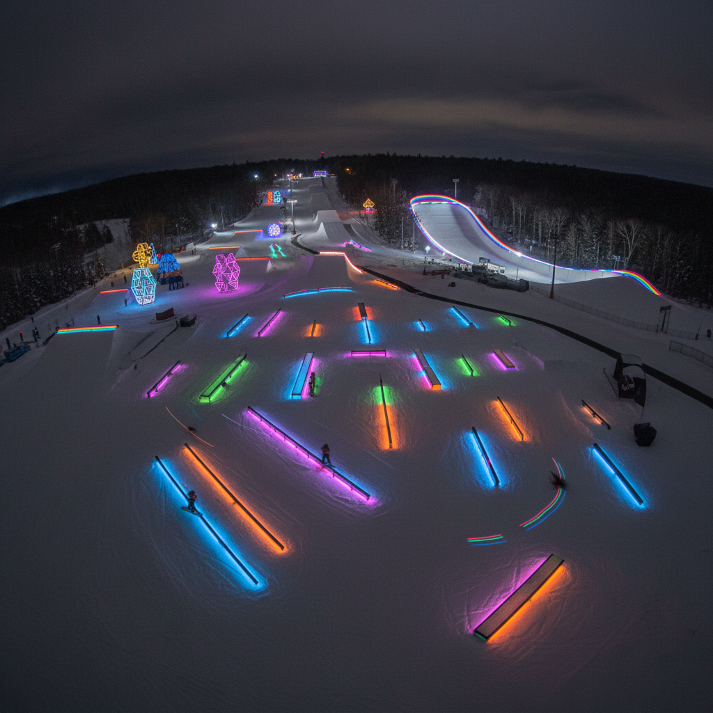 Aerial view of the neon-lit terrain park at night showing glowing rail garden