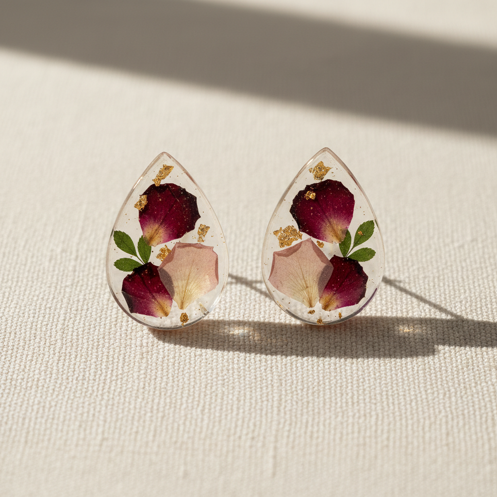 Soft lavender and mist-white resin stud earrings on a light purple floral fabric background
