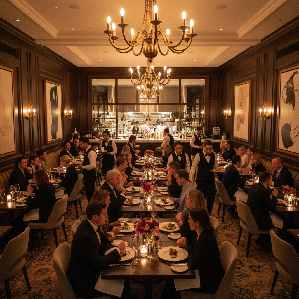 Busy upscale restaurant interior with warm lighting, full tables, and attentive staff