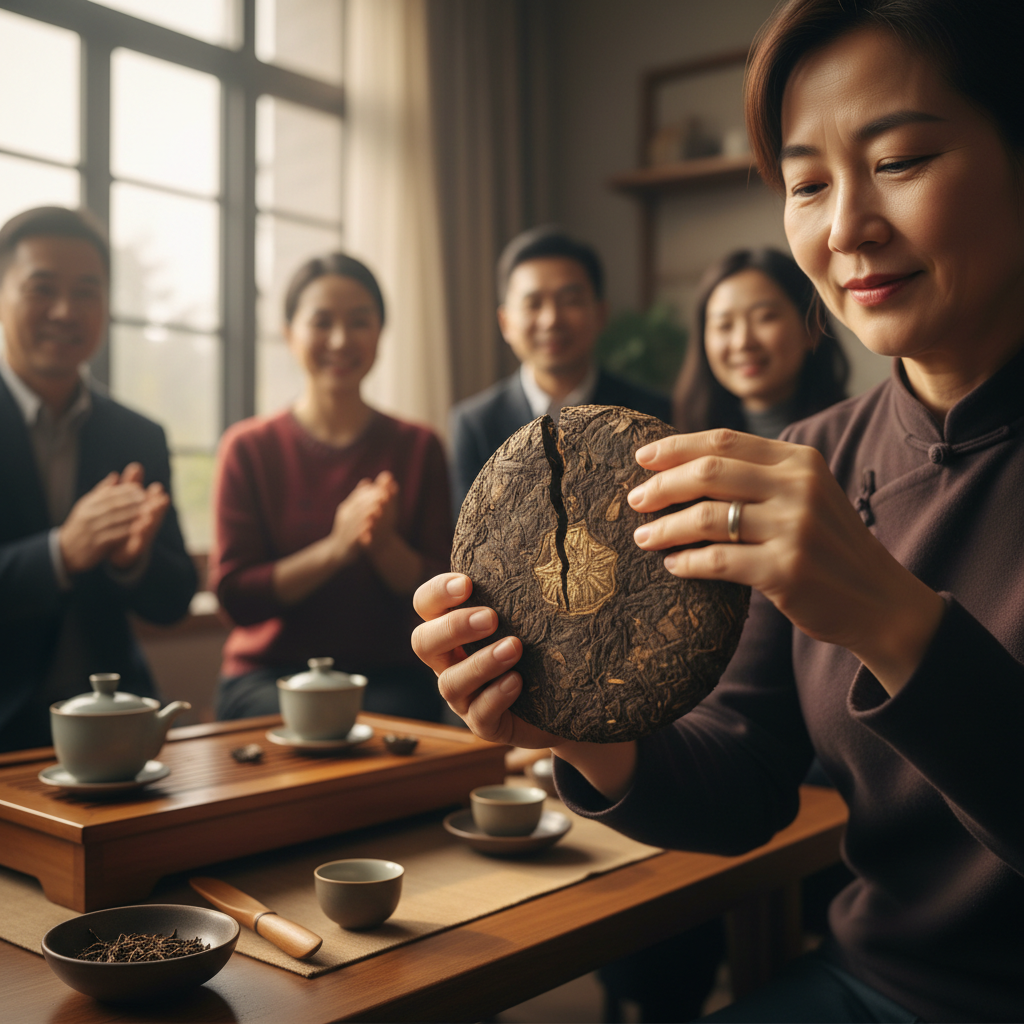 Wang Lihua breaking open a pu-erh cake for the new year gathering with twelve guests watching